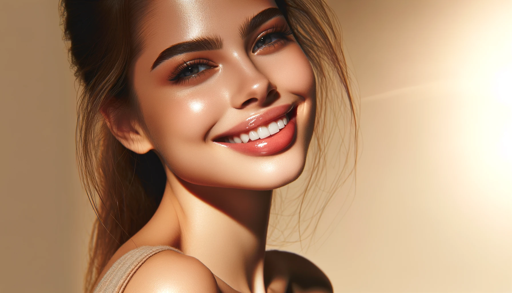 A pretty, smiling young woman with a fresh and glowing complexion enjoys the sunshine